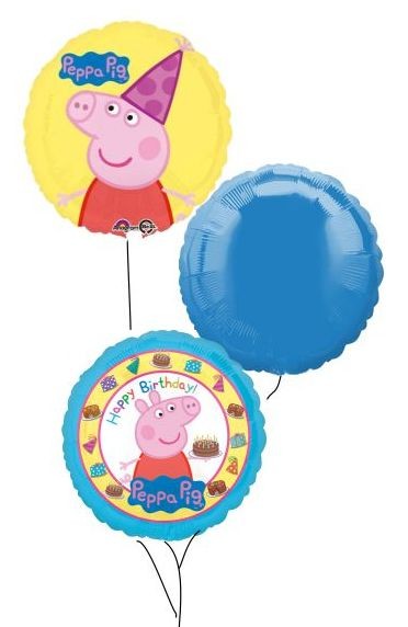 Ballongruß Strauß: Peppa Pig Happy Birthday &amp; mit Partyhut &amp; Rund Blau, 3 Ballons ca. 45 cm