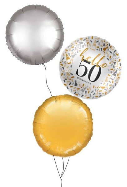 Ballongruß Strauß: Hello 50 &amp; Rund Gold Silber, 3 Ballons ca. 45 cm