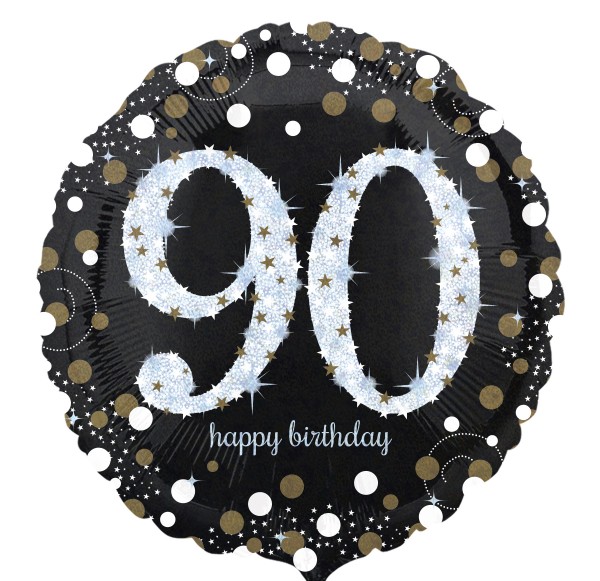 Folienballon 90 Happy Birthday, schwarz gold silber, ca. 45 cm