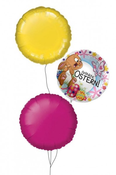 Ballongruß Strauß: Fröhliche Ostern bunt &amp; Rund Pink Gelb, 3 Ballons ca. 45 cm