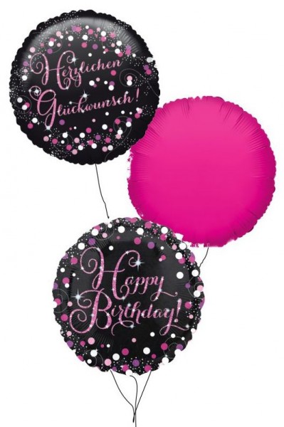 Ballongruß Strauß: Happy Birthday &amp; Herzl. Glückw. schwarz/pink &amp; Rund Pink, 3 Ballons ca. 45 cm