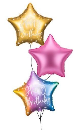 Ballongruß Strauß: Stern Happy Birthday Ombre &amp; Happy Birthday Gold &amp; Stern Pink, 3 Ballons ca. 45