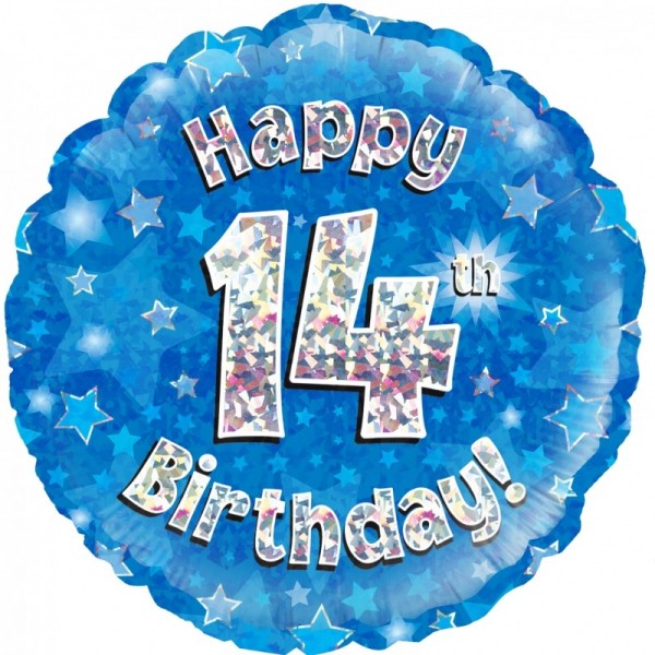 Folienballon Happy 14th Birthday BLAU, ca. 45 cm