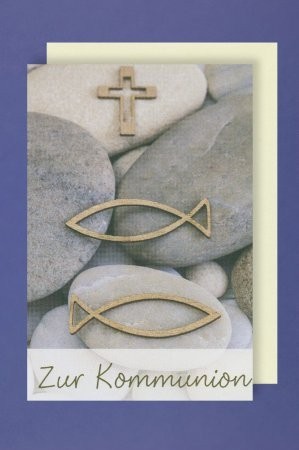 Grußkarte: Zur Kommunion - Fische, Kreuz, Steine