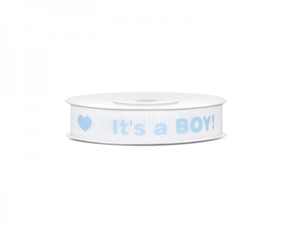 Geschenkband It`s a boy, weiß mit hellblauem Aufdruck, 1,2 cm x 10 Meter