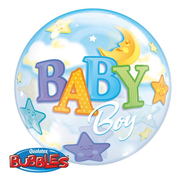 Ballongruß: Bubble Baby Boy Mond &amp; Sterne, ca. 56 cm