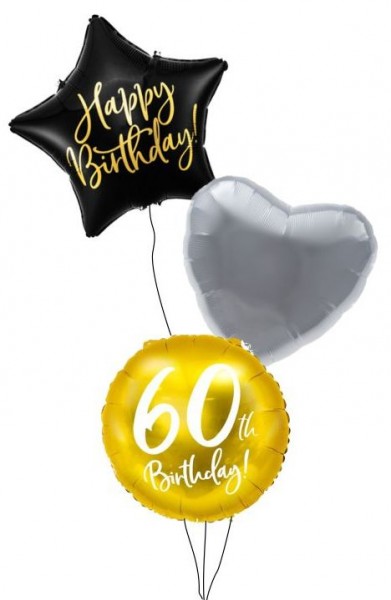 Ballongruß Strauß: 60th Gold &amp; Happy Birthday Stern Schwarz &amp; Herz Silber, 3 Ballons ca. 45 cm