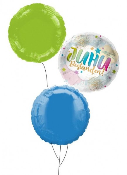 Ballongruß Strauß: Juhu bestanden &amp; Rund Blau Hellgrün, 3 Ballons ca. 45 cm