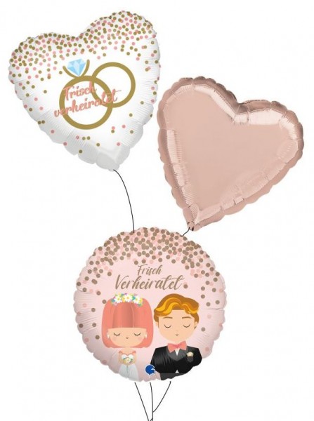 Ballongruß Strauß: Frisch verheiratet &amp; Herz Rosegold, 3 Ballons ca. 45 cm