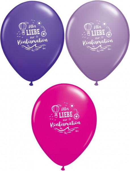 6 Ballons Alles Liebe zur Konfirmation, pink flieder lila, Qualatex, ca. 28/30 cm