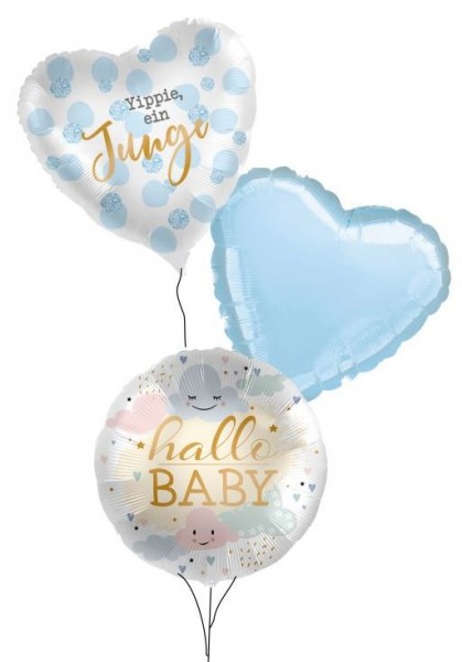 Ballongruß Strauß: Hallo Baby Wolken &amp; Yippie ein Junge &amp; Herz Hellblau, 3 Ballons ca. 45 cm
