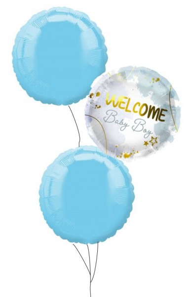 Ballongruß Strauß: Welcome Baby Boy &amp; Rund Hellblau, 3 Ballons ca. 45 cm