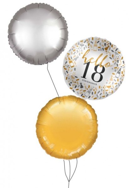 Ballongruß Strauß: Hello 18 &amp; Rund Gold Silber, 3 Ballons ca. 45 cm