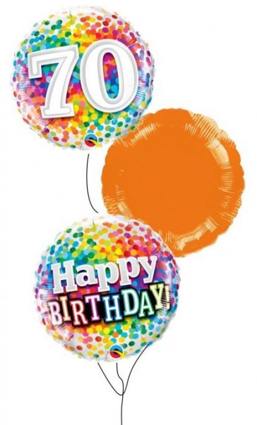 Ballongruß Strauß: 70 Confetti &amp; Happy Birthday &amp; Rund Orange, 3 Ballons ca. 45 cm