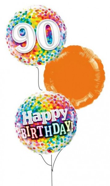 Ballongruß Strauß: 90 Confetti &amp; Happy Birthday &amp; Rund Orange, 3 Ballons ca. 45 cm