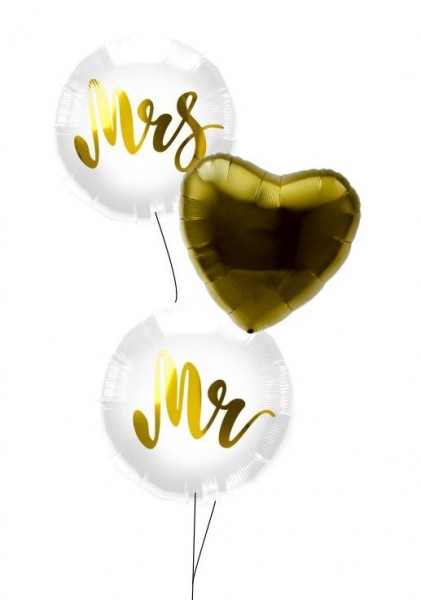 Ballongruß Strauß: Mr &amp; Mrs &amp; goldenes Herz, 3 Ballons ca. 45 cm