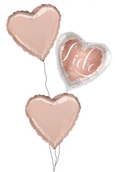 Ballongruß Strauß: Alles Liebe zur Hochzeit Rosegold &amp; Herzen Rosegold, 3 Ballons ca. 45 cm