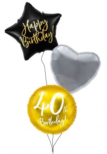 Ballongruß Strauß: 40th Gold &amp; Happy Birthday Stern Schwarz &amp; Herz Silber, 3 Ballons ca. 45 cm