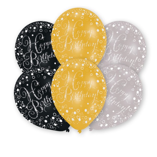 6 Ballons Happy Birthday, gold silber schwarz, ca. 28/30 cm