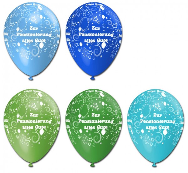 5 Luftballons Zur Pensionierung alles Gute, Blau / Grün-Töne, ca. 30 cm