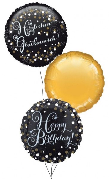Ballongruß Strauß: Happy Birthday &amp; Herzl. Glückw. schwarz/silber &amp; Rund Gold, 3 Ballons ca. 45 cm