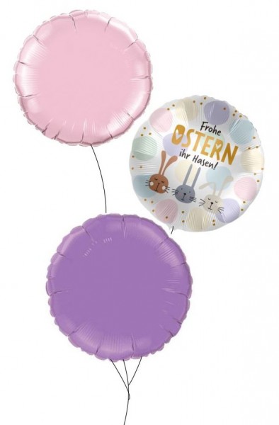 Ballongruß Strauß: Frohe Ostern ihr Hasen &amp; Rund Flieder Rosa, 3 Ballons ca. 45 cm