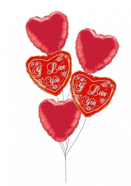Ballongruß Strauß: 2 x I love you &amp; 3 Herzen Rot, 5 Ballons ca. 45 cm