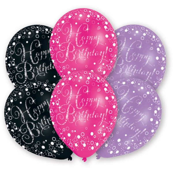 6 Ballons Happy Birthday, lila pink schwarz, ca. 28/30 cm