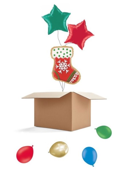 Ballongruß Strauß: Cookie Stiefel ca. 65 cm &amp; 2 Sterne Rot Grün ca. 45 cm, 3 Ballons