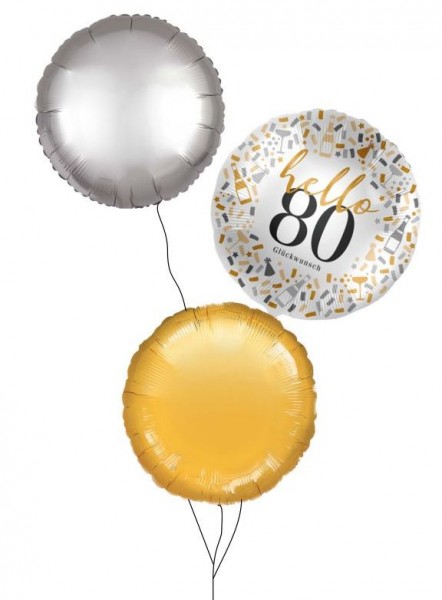 Ballongruß Strauß: Hello 80 &amp; Rund Gold Silber, 3 Ballons ca. 45 cm