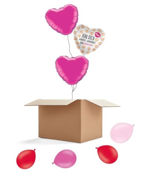 Ballongruß Strauß: Fühl Dich gedrückt,geknuddelt,geknutscht &amp; Herzen Pink, 3 Ballons ca. 45 cm