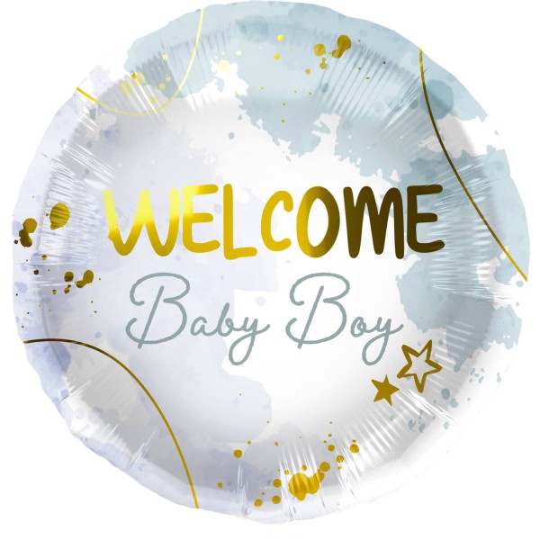 Ballongruß: Welcome Baby Boy, gold weiß hellblau, ca. 45 cm