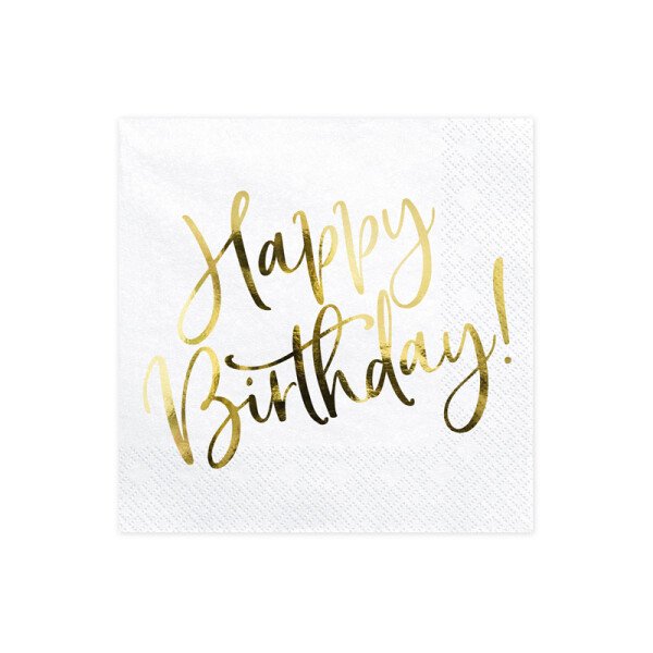 Servietten Happy Birthday - Weiß Gold - ohne Muster - 33 x 33 cm - 20 St.