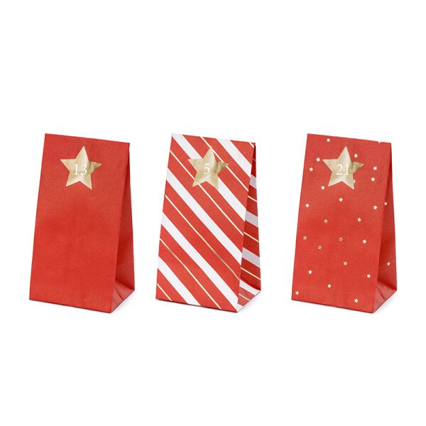 DIY Adventskalender - 24 Tüten, Aufkleber, Klammern - Rot Gold