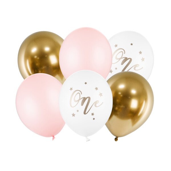 6 Zahlenballons One - Weiß Rosa Gold - 30 cm