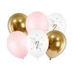6 Zahlenballons One - Weiß Rosa Gold - 30 cm