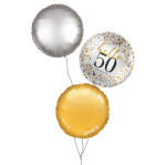 Ballongruß Strauß: Hello 50 & Rund Gold Silber - 3 Ballons - 35 cm