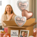 Ballongruß Strauß: Glossy Herz Happy Birthday & Herzl. Glückwunsch & Herz - 3 Ballons - 35 cm
