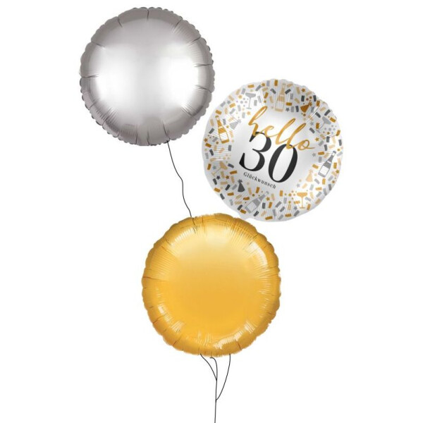 Ballongruß Strauß: Hello 30 & Rund Gold Silber - 3 Ballons - 35 cm