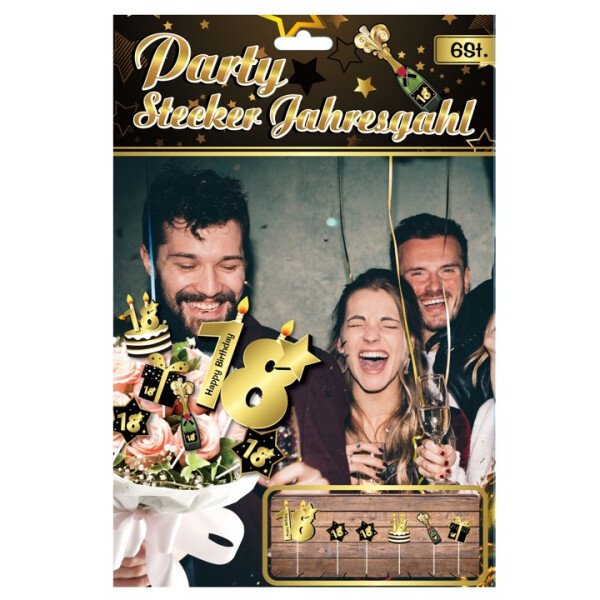 Party-Stecker 18 - Schwarz Gold - 6 St.