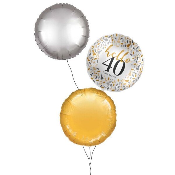 Ballongruß Strauß: Hello 40 & Rund Gold Silber - 3 Ballons - 35 cm