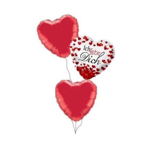 Ballongruß Strauß: Ich liebe Dich & Herzen Rot - 3 Ballons - 45 cm