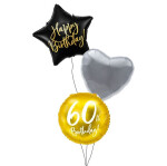 Ballongruß Strauß: 60th Gold & Happy Birthday Stern Schwarz & Herz Silber - 3 Ballons - 35 cm