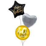 Ballongruß Strauß: 40th Gold & Happy Birthday Stern Schwarz & Herz Silber - 3 Ballons - 35 cm