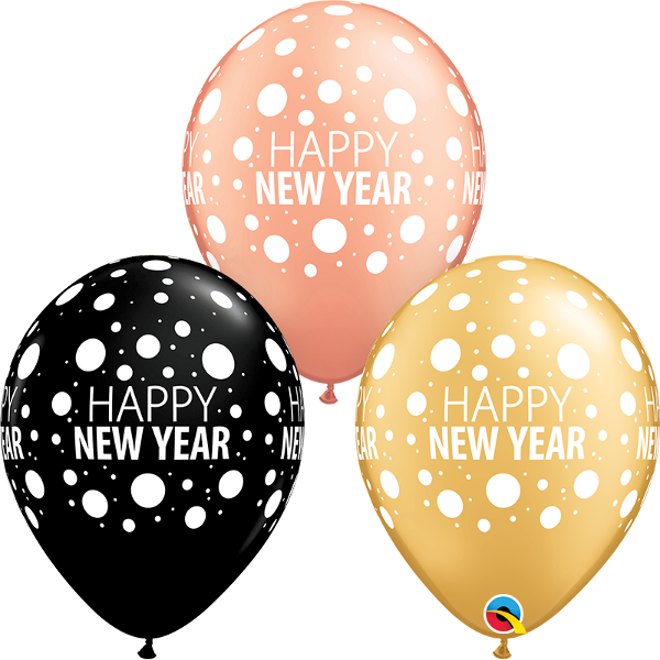 5 Ballons Happy new year - Schwarz Gold Rosegold - 30 cm