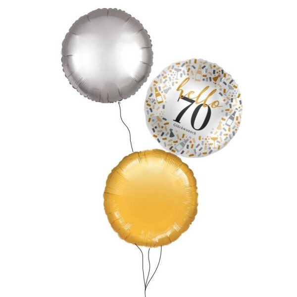 Ballongruß Strauß: Hello 70 & Rund Gold Silber - 3 Ballons - 35 cm