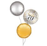 Ballongruß Strauß: Hello 70 & Rund Gold Silber - 3 Ballons - 35 cm