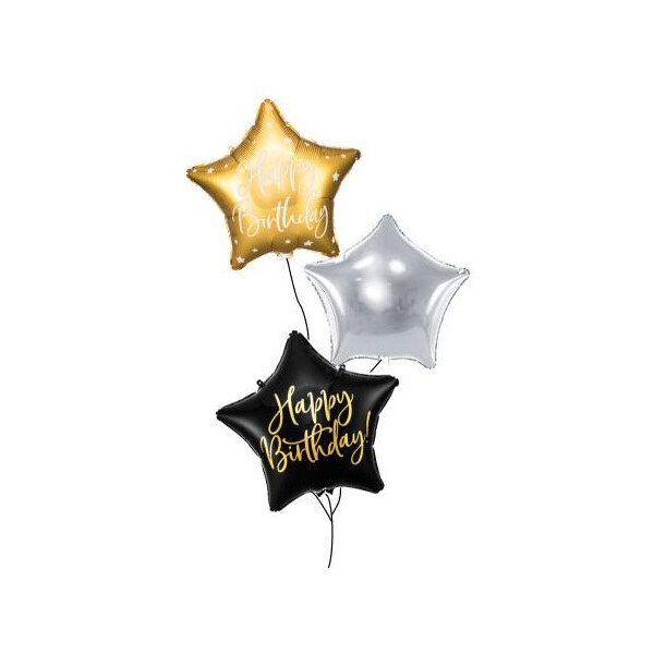 Ballongruß Strauß: Stern Happy Birthday Schwarz & Happy Birthday Gold & Silber - 3 Ballons - 35 cm