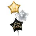 Ballongruß Strauß: Stern Happy Birthday Schwarz & Happy Birthday Gold & Silber - 3 Ballons - 35 cm