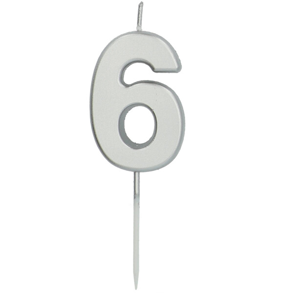 Zahlenkerze 6 - Silber - 8,5 cm